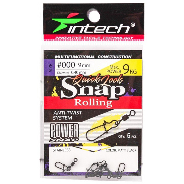 

Вертлюг Intech с карабином Quick lock Snap Rolling Matt black #000 9кг (5 шт), Черный, Quick lock Snap Rolling