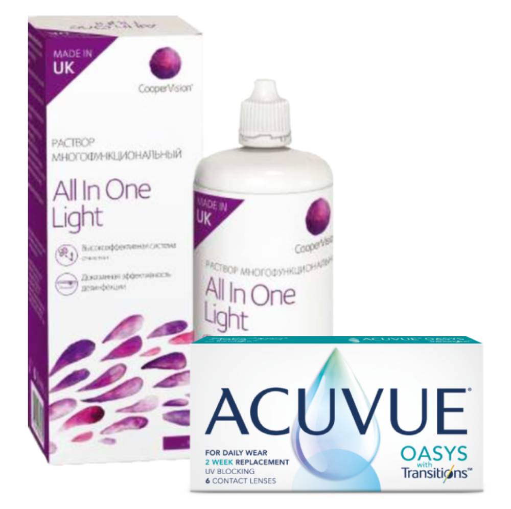 

Набор линзы Acuvue Oasys with transitions 6 линз R 8.4 -9,00 + All in One Light 360, Oasys with transitions 6 линз + All in One Light 360 мл