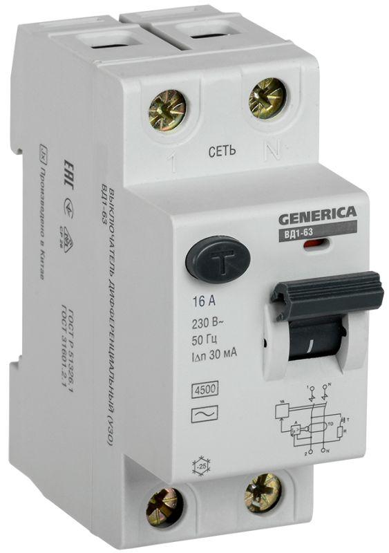 Выключатель дифференц. тока (УЗО) 2п 16А 30мА тип AC ВД1-63 GENERICA IEK MDV15-2-016-030