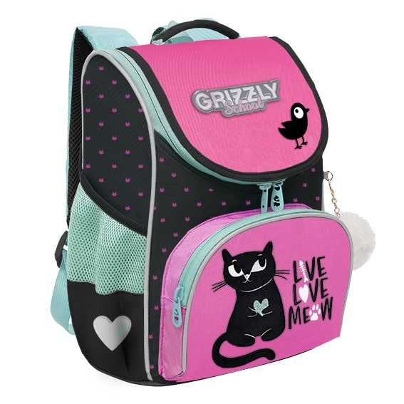 

Рюкзак школьный с мешком Grizzly RAm-384-1 /2 черный-розовый, RAm-384