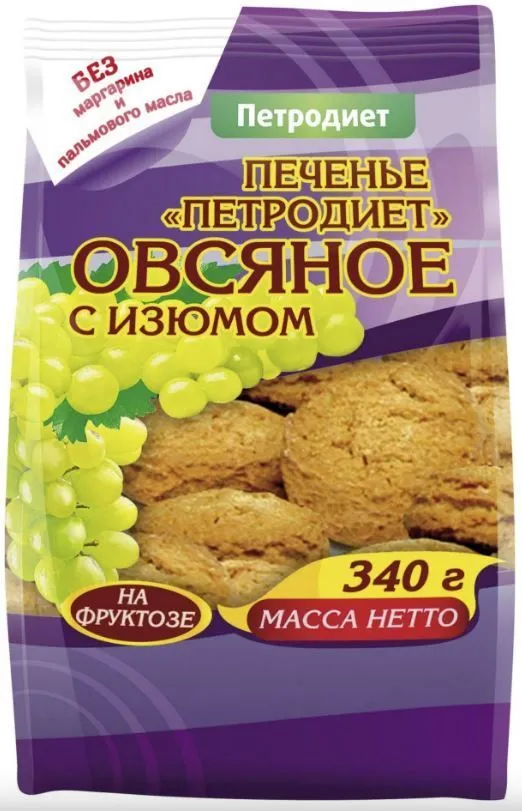 Печенье Петродиет Овсяное с изюмом на фруктозе, 340 г х 2 шт