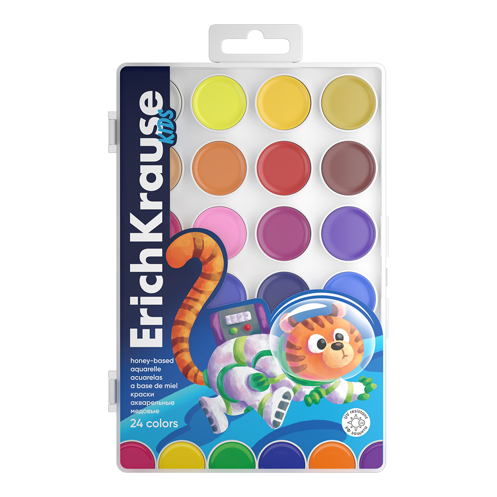 Краски акварельные ErichKrause Kids Space Animals,61362, медовые с УФ защитой 24 цв