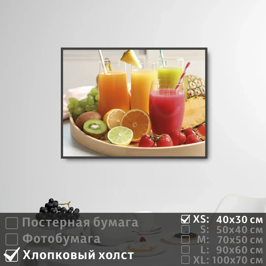 

Постер на холсте ПолиЦентр Свежевыжатые соки с фруктами на подносе 40х30 см, СвежевыжатыеСокиСФруктамиНаПодносе