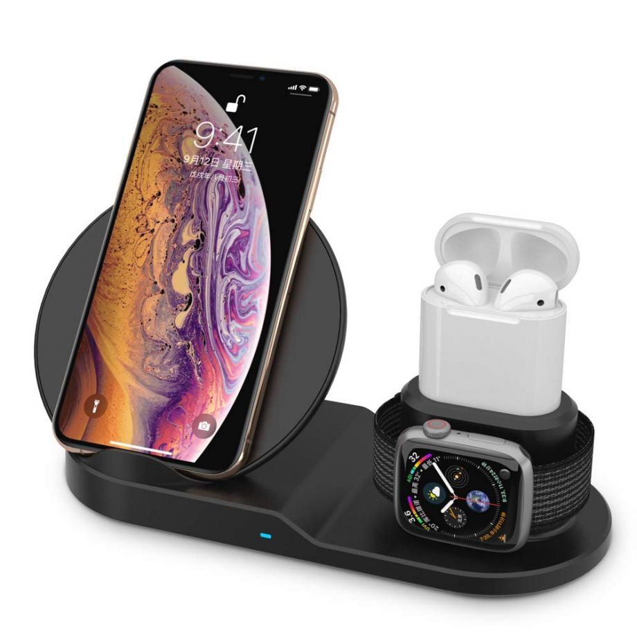 Беспроводная зарядная станция Fast Charge 3 в 1, черная для iPhone, AirPods, Apple Watch