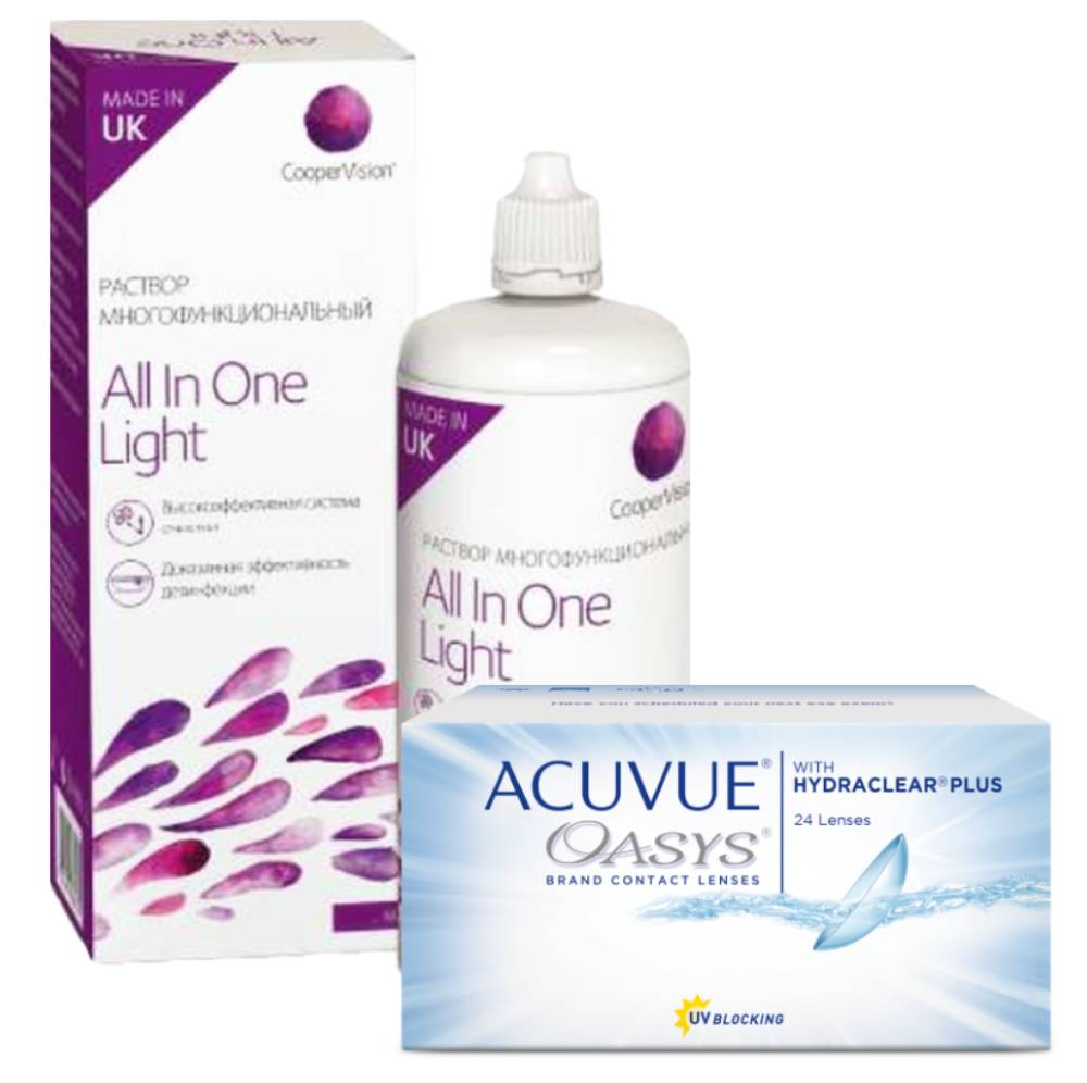 Купить Oasys with Hydraclear Plus 24 линзы + All in One Light 100 мл, Набор контактные линзы Acuvue Oasys 24 линзы R 8.8 -5, 75 + All in One Light 100 мл