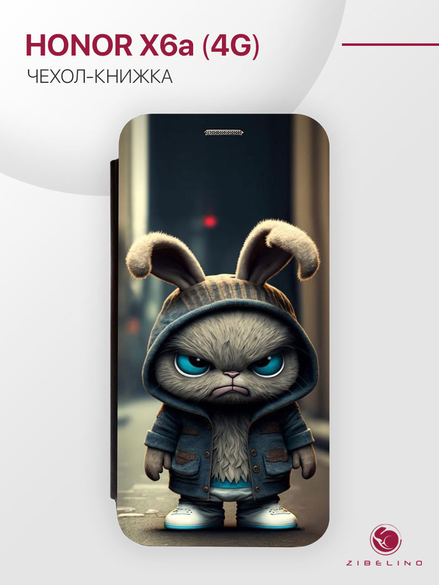 

Чехол-книжка для Honor X6A (4G), X5b (4G), X6b (4G) с магнитом черный с принтом, ZB-HON-X6A