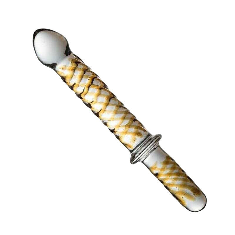 Прозрачный фаллоимитатор с ручкой и золотистым узором 23 см