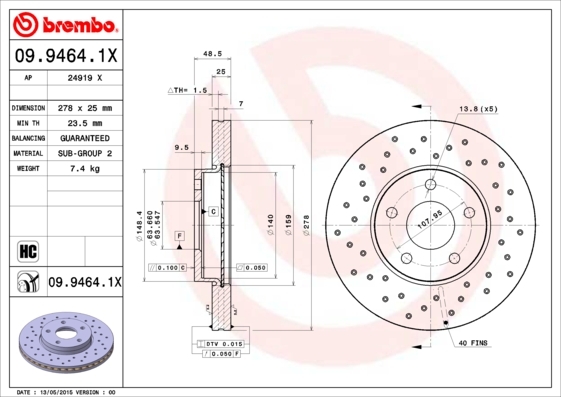 

Тормозной диск brembo передний для Ford Focus C-Max 03-07/Volvo C30 06- 09.9464.1X