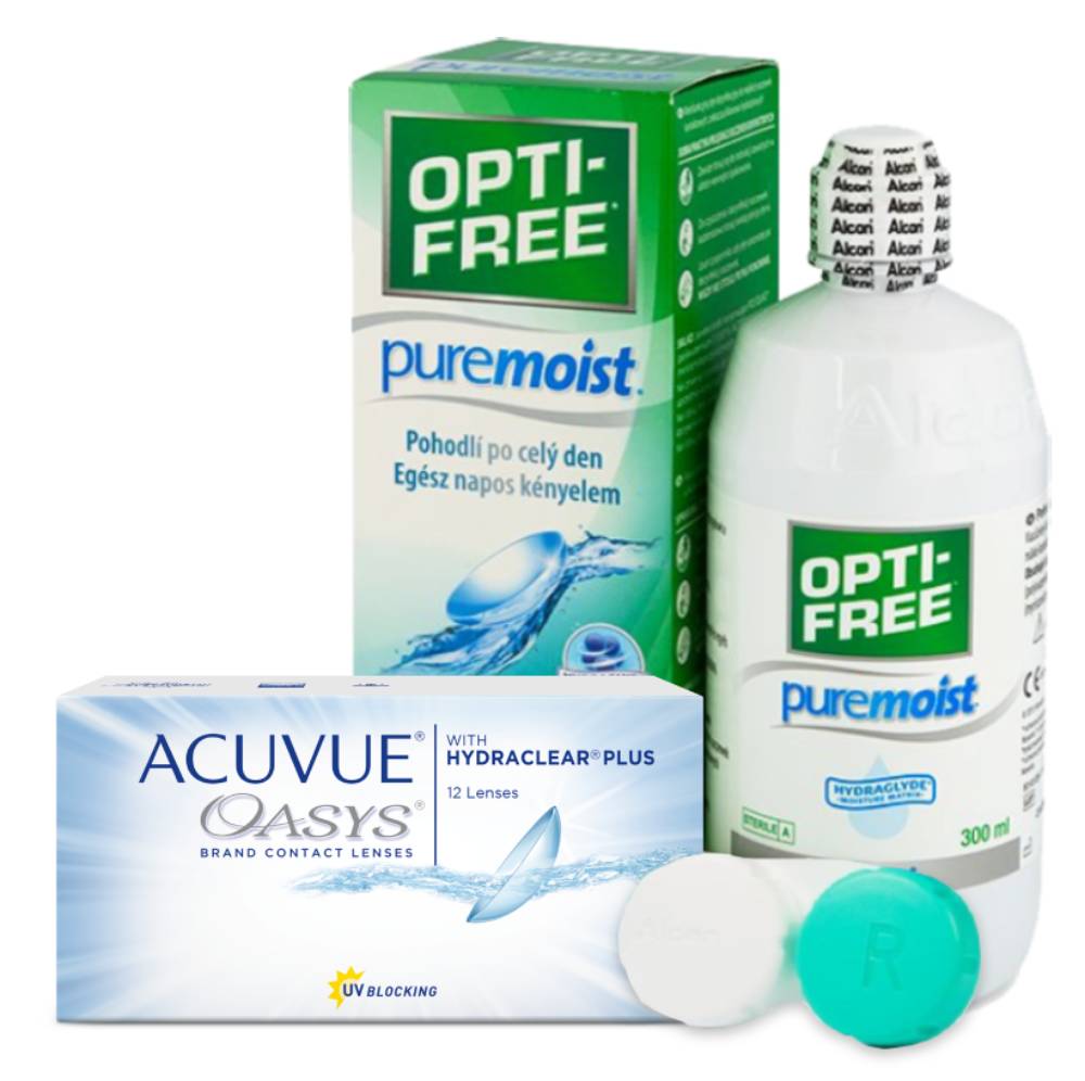 Купить Oasys with Hydraclear Plus 12 линз + Opti-Free Pure Moist 300 мл, Набор контактные линзы Acuvue Oasys 12 линз R 8.8 -4, 75 + Opti-Free Pure Moist 300 мл
