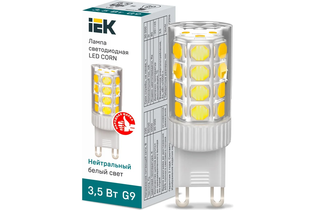 

Лампа светодиодная Corn 3.5Втнейтр. бел. G9 230В керамика IEK LLE-Corn-4-230-40-G9