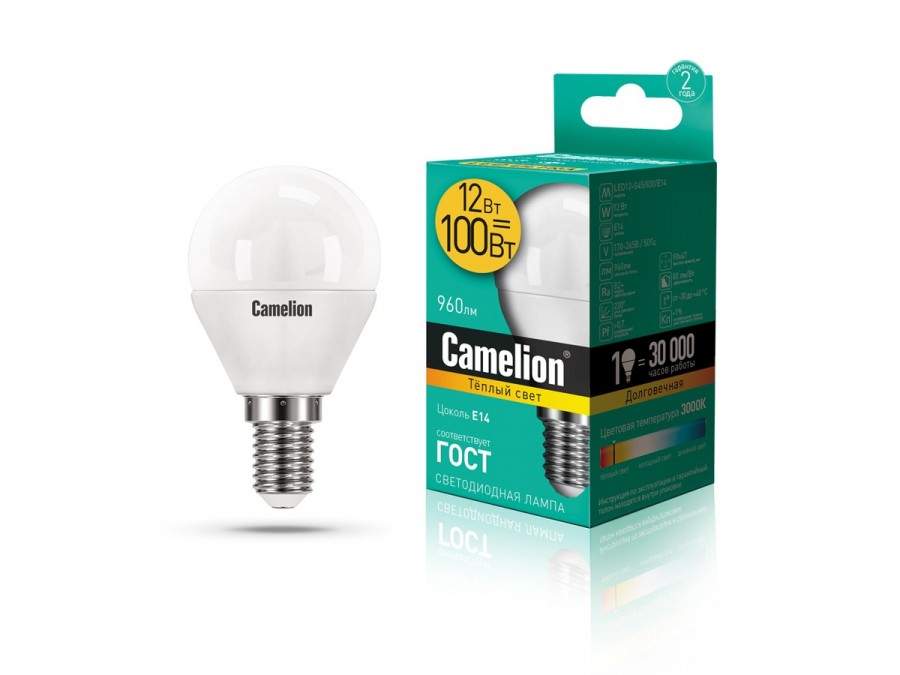 фото Лампа светодиодная camelion, e14, 12w, 3000k, "шар", арт. 695015 - (10 шт.)