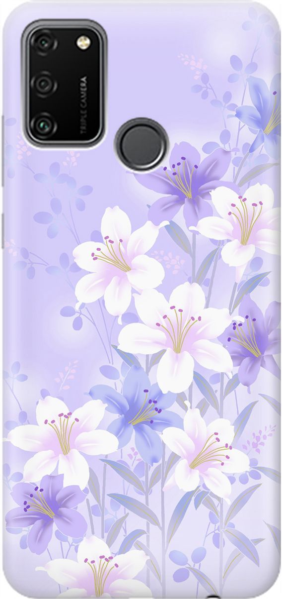 

Силиконовый чехол на Honor 9A с принтом "Лилии на фиолетовом", Белый;фиолетовый, 1452