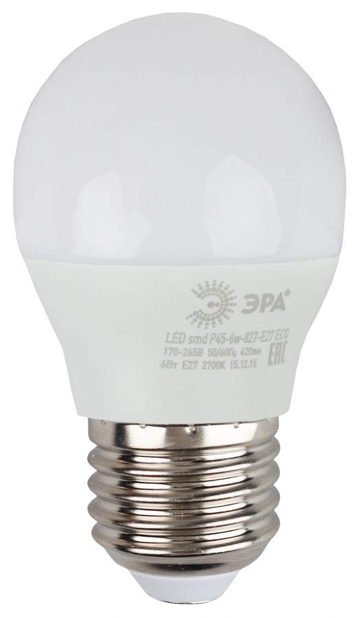 

Лампа светодиодная ЭРА, E27, 6W, 2700K, "Шар", арт. 642692 - (10 шт.)