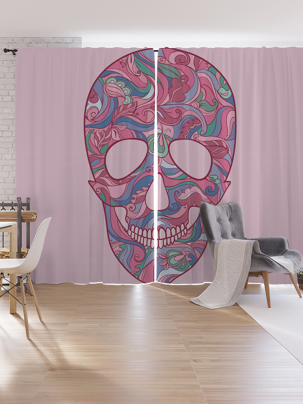 

Шторы под лён JoyArty "Орнамент на черепе", серия Oxford DeLux, 340х265 см, Орнамент на черепе