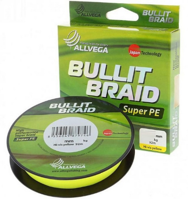 

Шнур плетеный Allvega BULLIT BRAID 92M Hi-Vis Yellow 0,28mm (21,3кг), Желтый, Bullit Braid