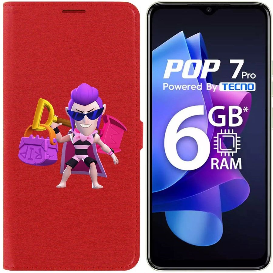 

Чехол-книжка Krutoff Eco Book для Tecno Pop 7 Brawl Stars-Пляжный Мортис (красный)