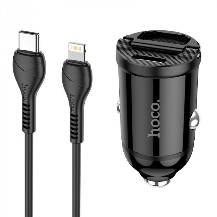 фото Автомобильная зарядка hoco nz2 link, кабель lightning, qc3.0, usb/type-c, 30w черный