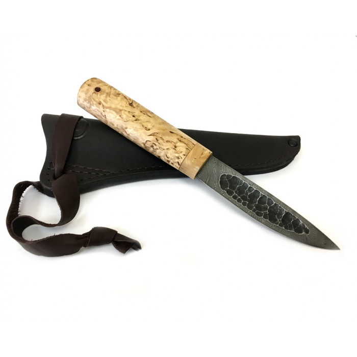 Якутский нож малый Семин, дамасская сталь, кованый дол, рукоять карельская береза