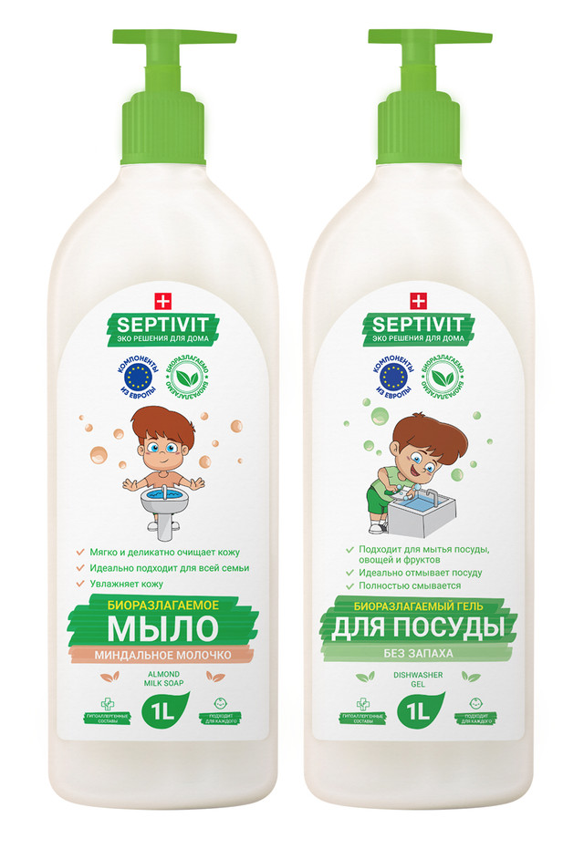 фото Набор мыло миндальное молочко + гель для посуды без запаха septivit premium 1л+1л