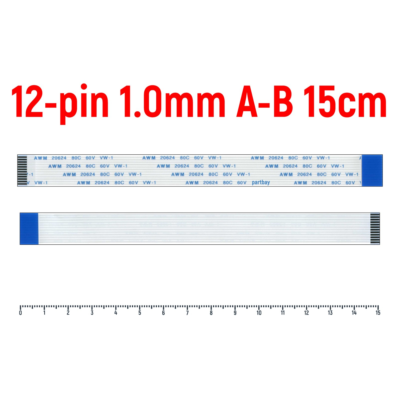 

Шлейф FFC 12-pin Шаг 1.0mm Длина 15cm Обратный A-B AWM 20624 80C 60V VW-1