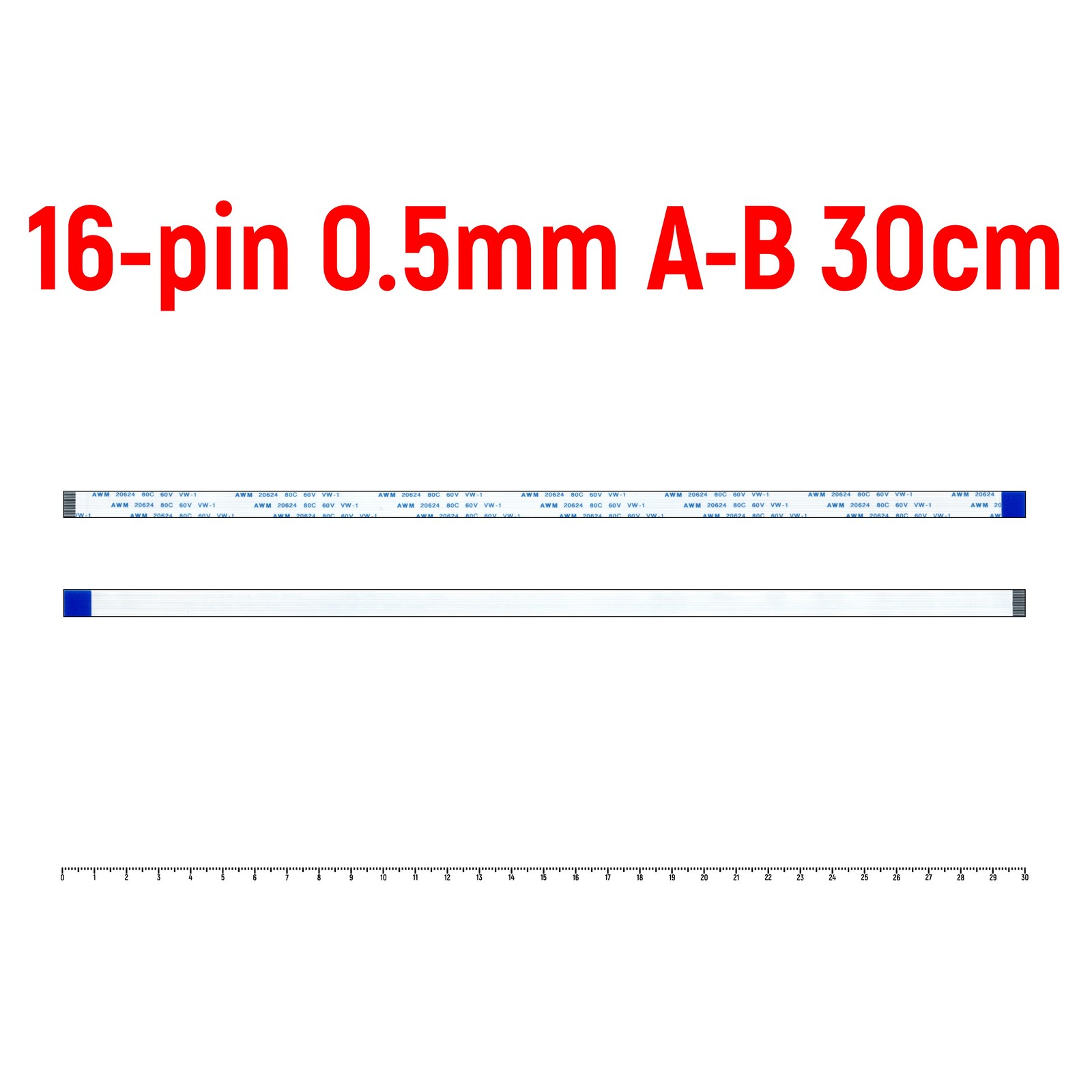 

Шлейф FFC 16-pin Шаг 0.5mm Длина 30cm Обратный A-B AWM 20624 80C 60V VW-1