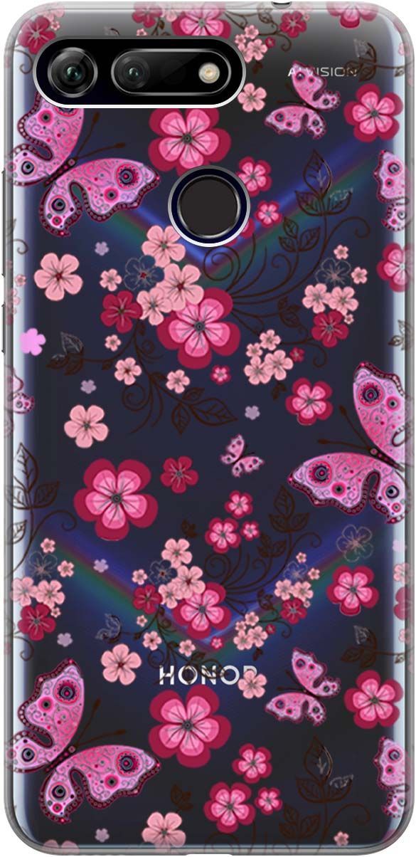 

Чехол на Honor View 20 (V20) с принтом "Butterflies and Flowers" прозрачный, Прозрачный;розовый, 667