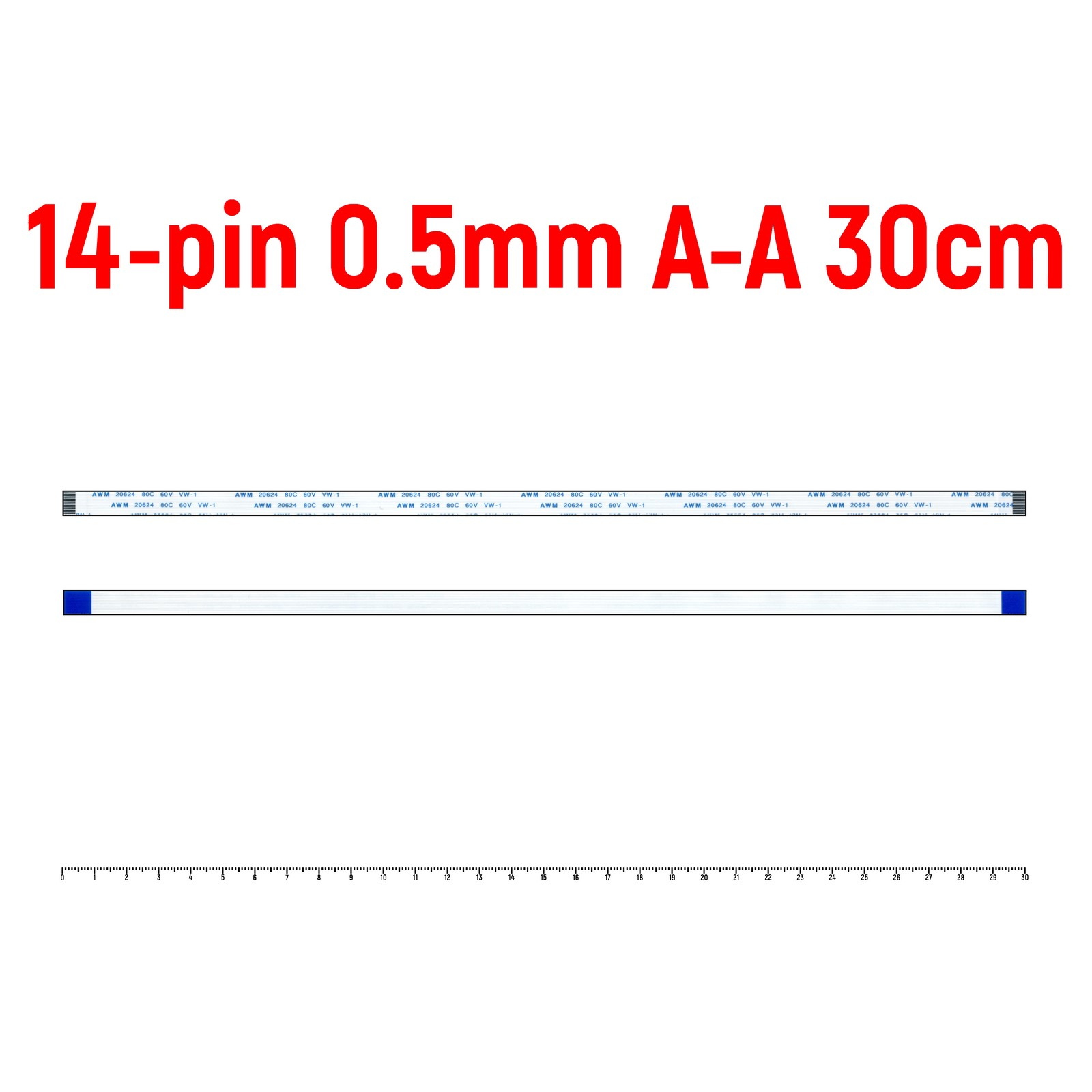 

Шлейф FFC 14-pin Шаг 0.5mm Длина 30cm Прямой A-A AWM 20624 80C 60V VW-1