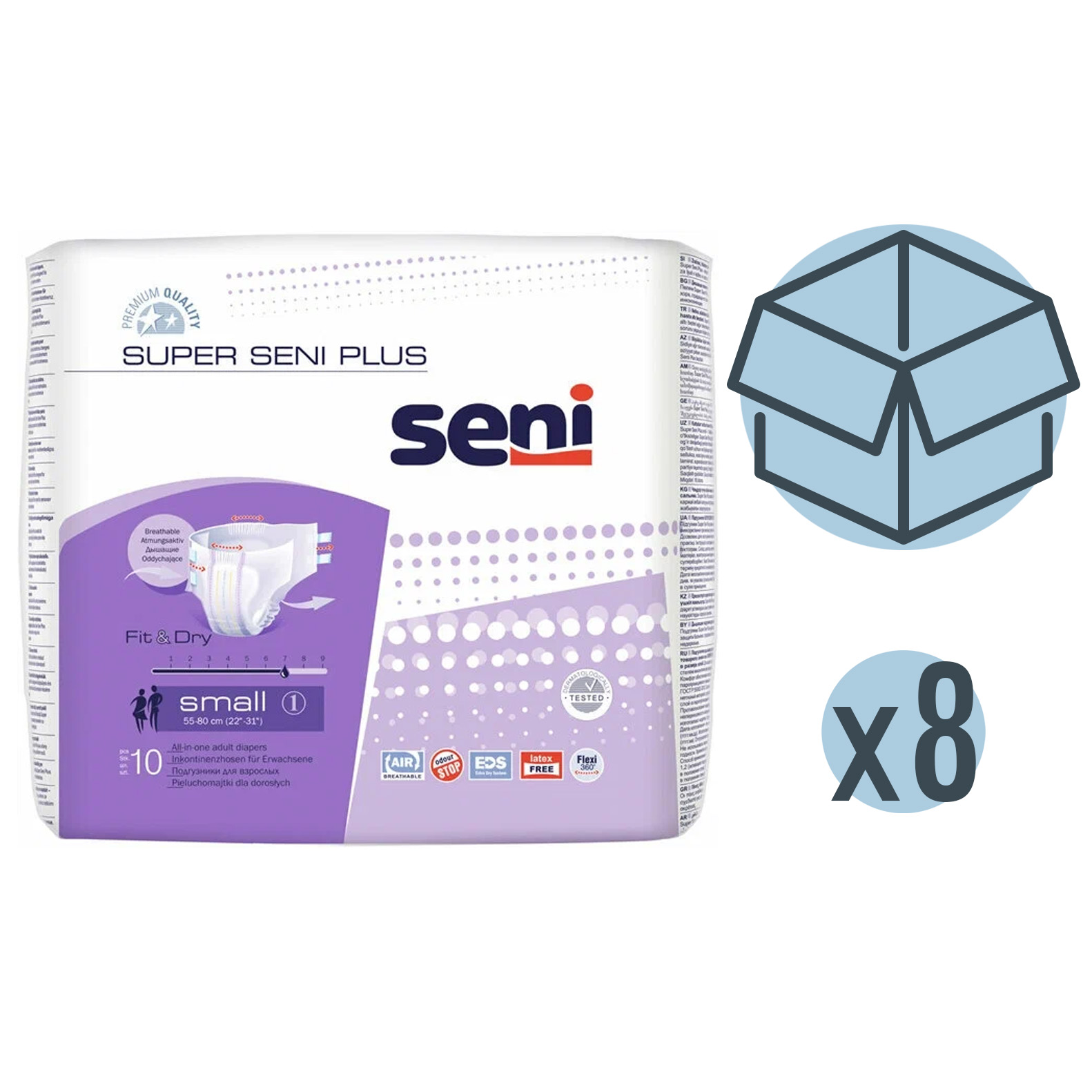 Подгузники для взрослых Seni Super Plus, 55-80 см, S, 10 шт, 8 упаковок