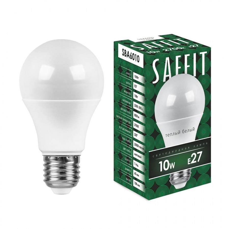 

Лампа светодиодная SAFFIT, E27, 10W, 2700K, ЛОН ("груша"), арт. 619325 - (10 шт.)