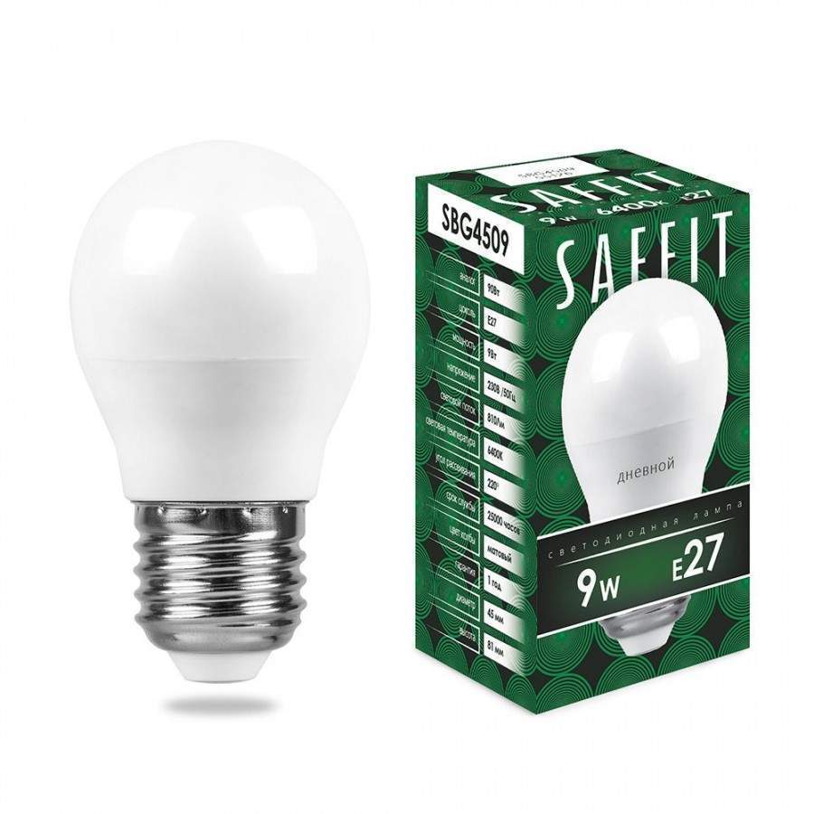 

Лампа светодиодная SAFFIT, E27, 9W, 6400K, "Шар", арт. 678024 - (10 шт.)