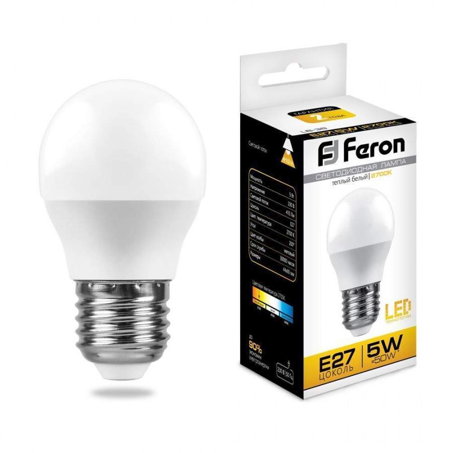 

Лампа светодиодная FERON, E27, 5W, 2700K, "Шар", арт. 620009 - (10 шт.)