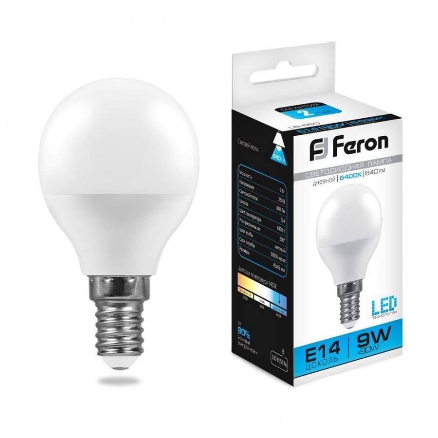 

Лампа светодиодная FERON, E14, 9W, 6400K, "Шар", арт. 619948 - (10 шт.)