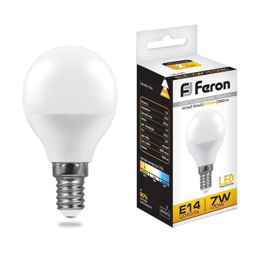 

Лампа светодиодная FERON, E14, 7W, 2700K, "Шар", арт. 619942 - (10 шт.)