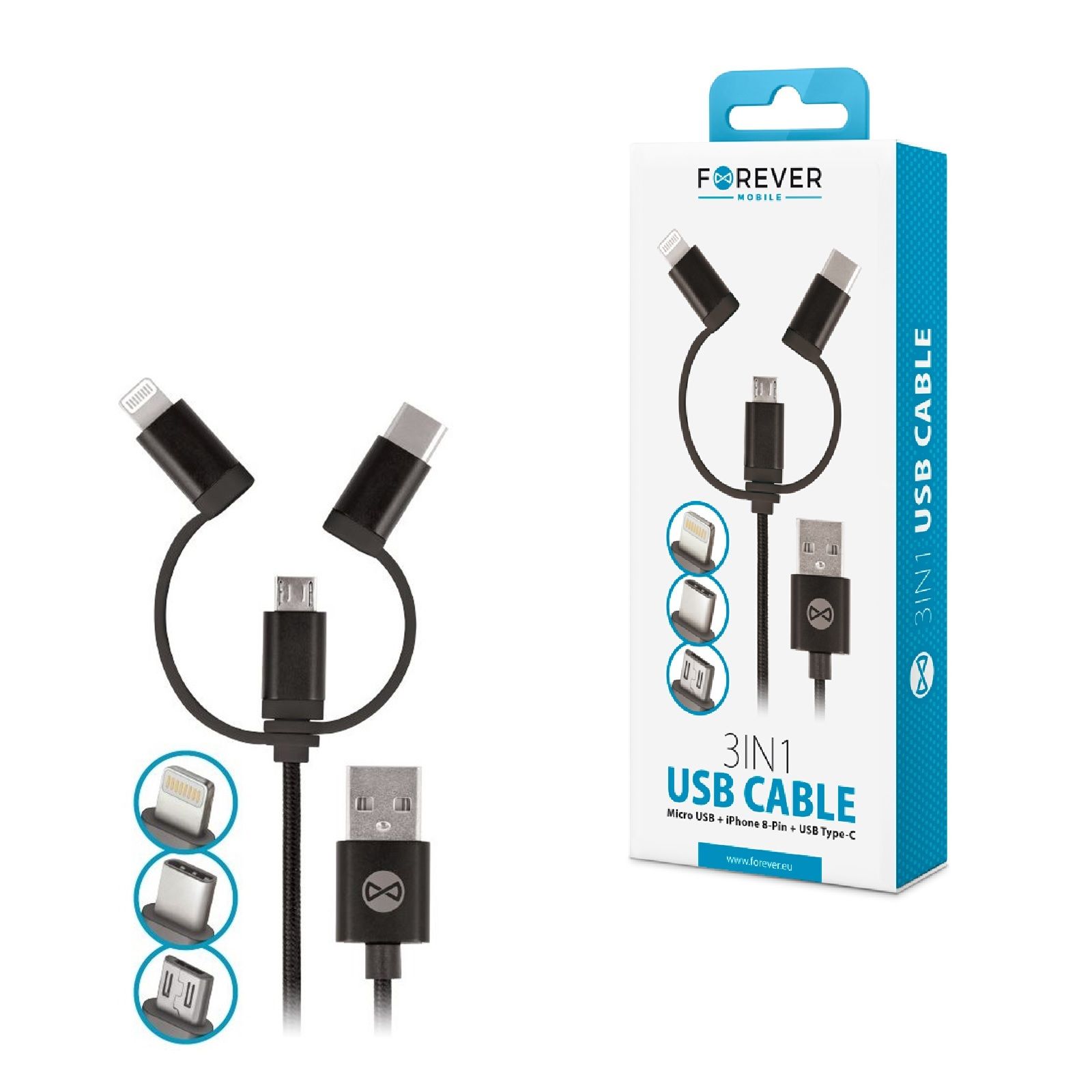 Кабель Forever USB-кабель 3-в 1 Type-C/MicroUSB/Lightning / для зарядки Apple/Android