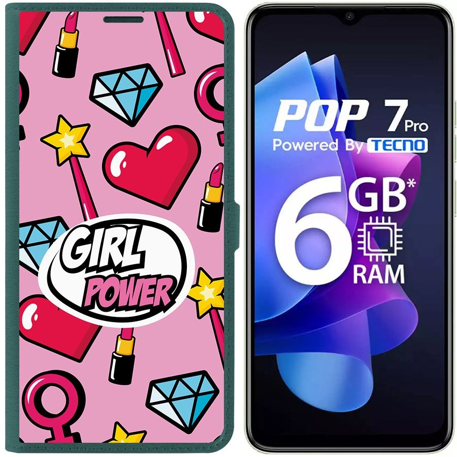 

Чехол-книжка Krutoff Eco Book для Tecno Pop 7 Girl Power (зелёный опал), Зеленый