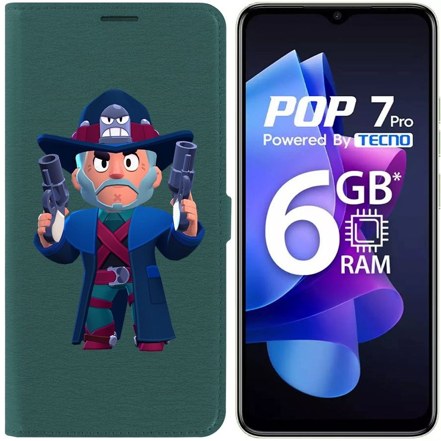 

Чехол-книжка Krutoff Eco Book для Tecno Pop 7 Brawl Stars-Стрелок Кольт (зелёный опал)