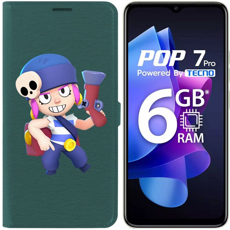 

Чехол-книжка Krutoff Eco Book для Tecno Pop 7 Brawl Stars-Пенни (зелёный опал)