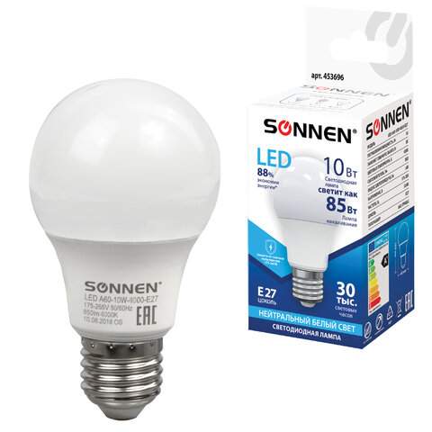 Лампа светодиодная SONNEN, E27, 10W, 4000K, ЛОН (