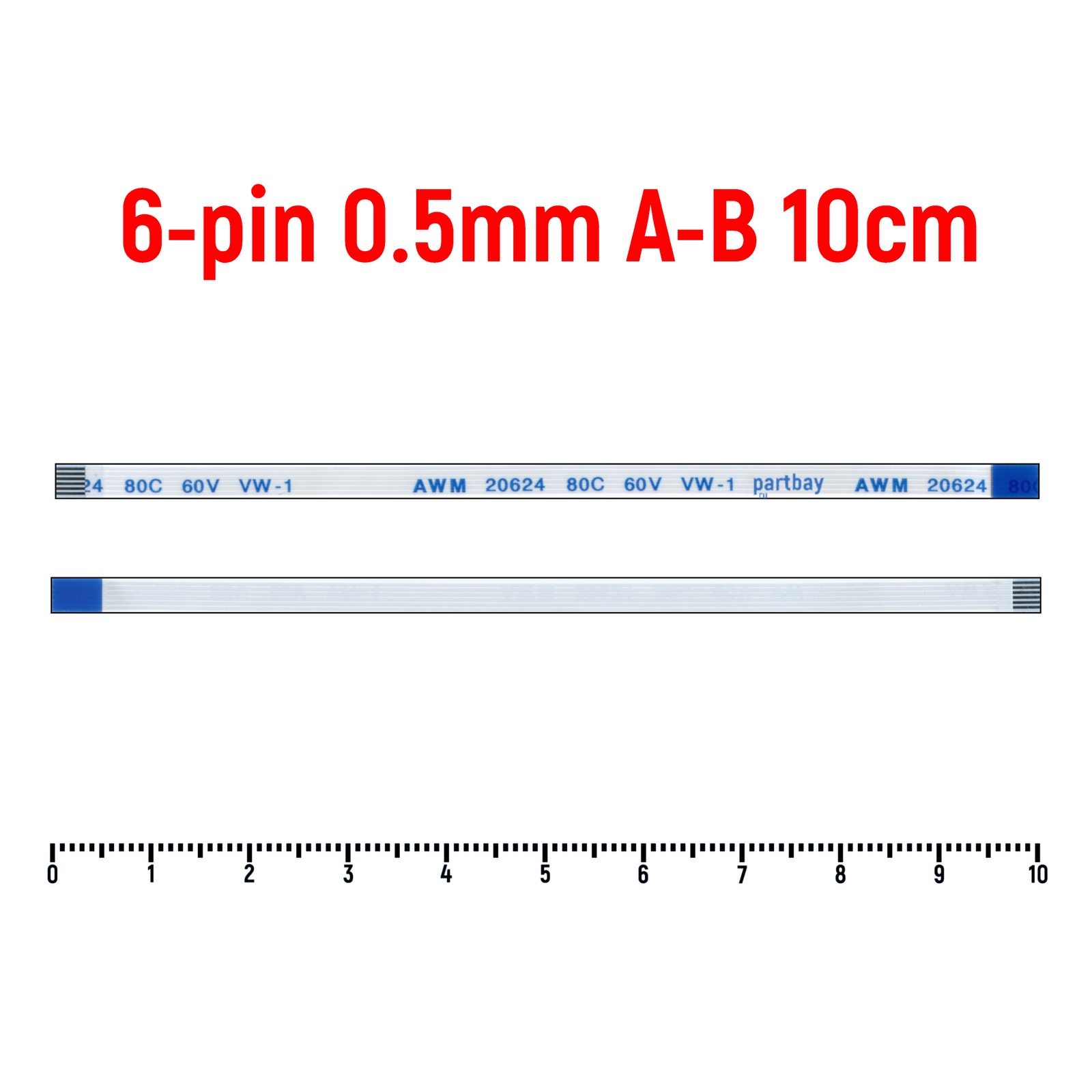 

Шлейф FFC 6-pin Шаг 0.5mm Длина 10cm Обратный A-B AWM 20624 80C 60V VW-1