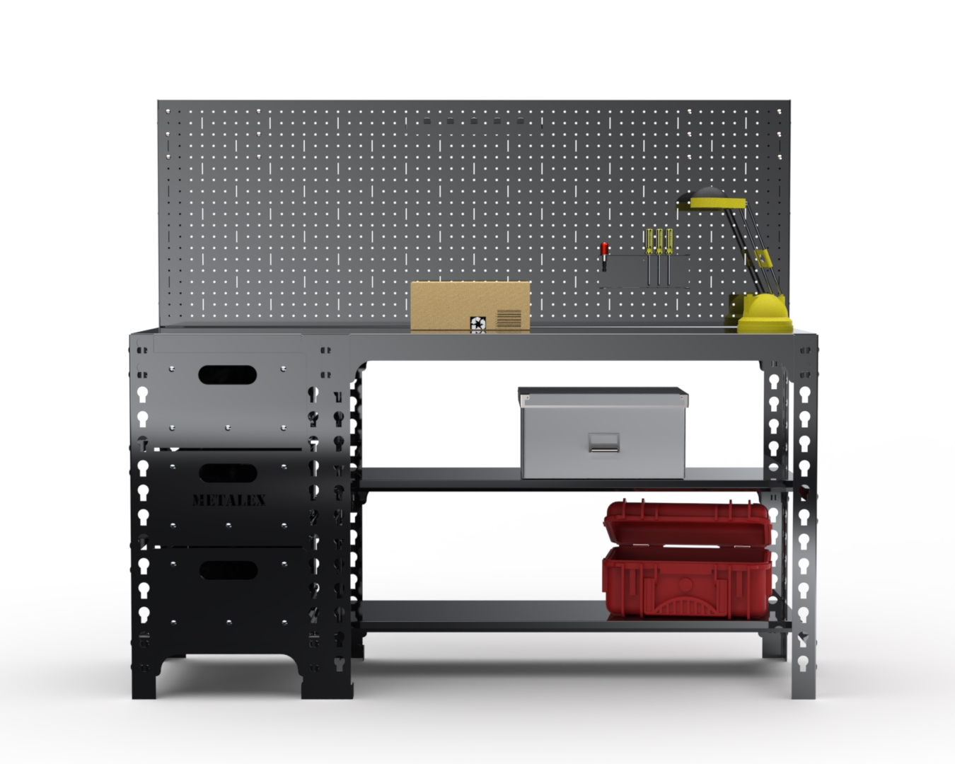 

Стол металлический Metalex 112375 750х1600х500 с выдвижными ящиками и перфопанелью, чёрный