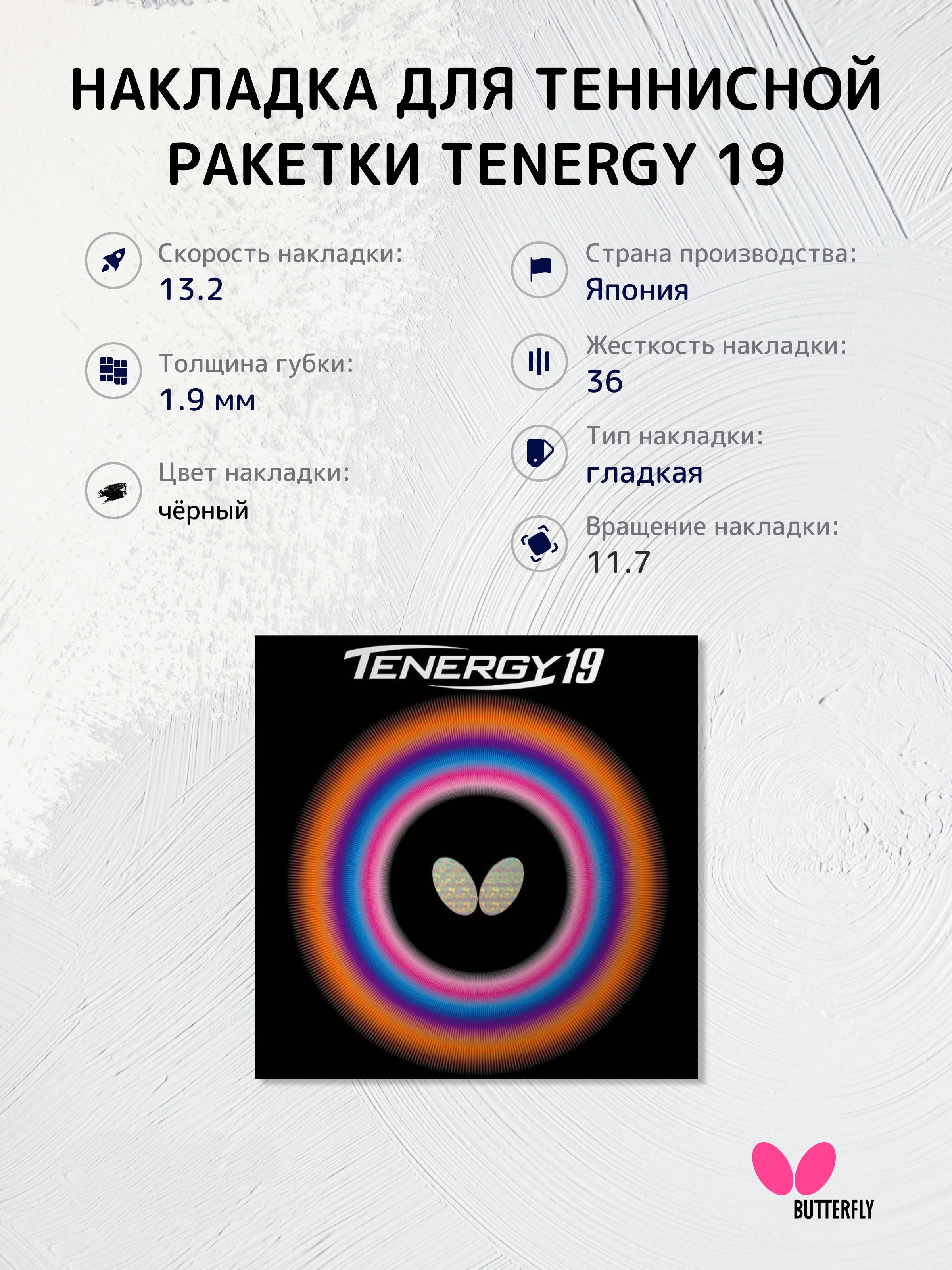 

Накладка на ракетку для настольного тенниса Butterfly Tenergy 19 (1.9 черный), Накладка на ракетку для настольного тенниса Tenergy 19