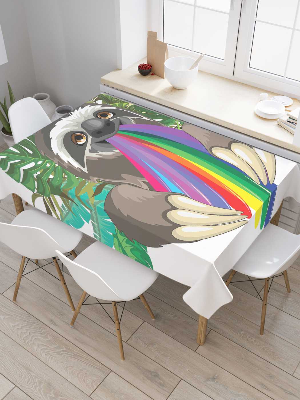 

Скатерть прямоугольная JoyArty "Радужный ленивец" из оксфорда, 180x145 см, Зеленый, Радужный ленивец