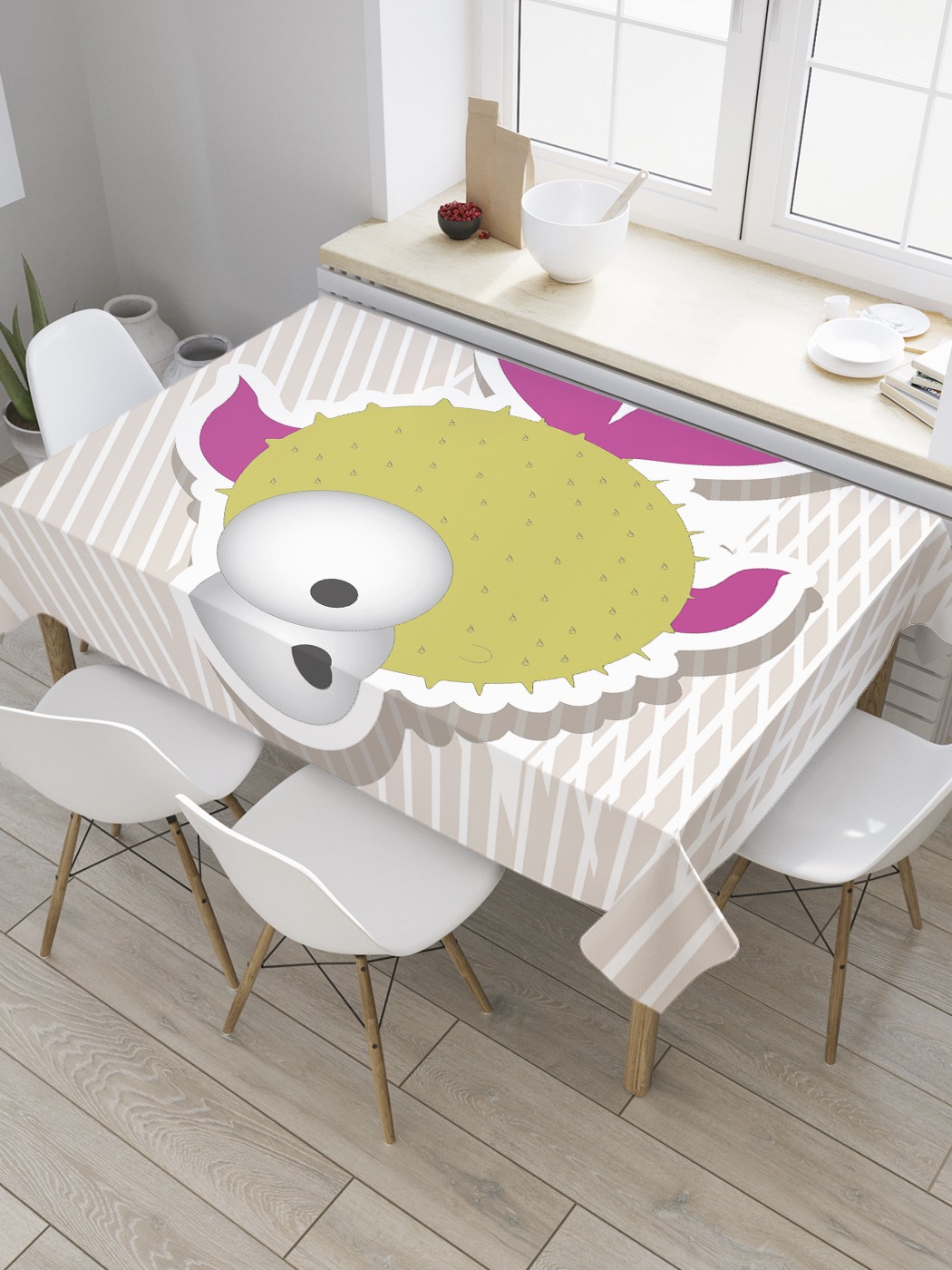 

Скатерть прямоугольная JoyArty "Рыба-шар" из сатена, 180x145 см, Белый, Рыба-шар