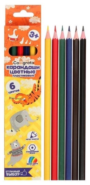 

Карандаши 6 цветов Calligrata ЭКОНОМ заточенные шестигранные пластиковые 5шт, Разноцветные