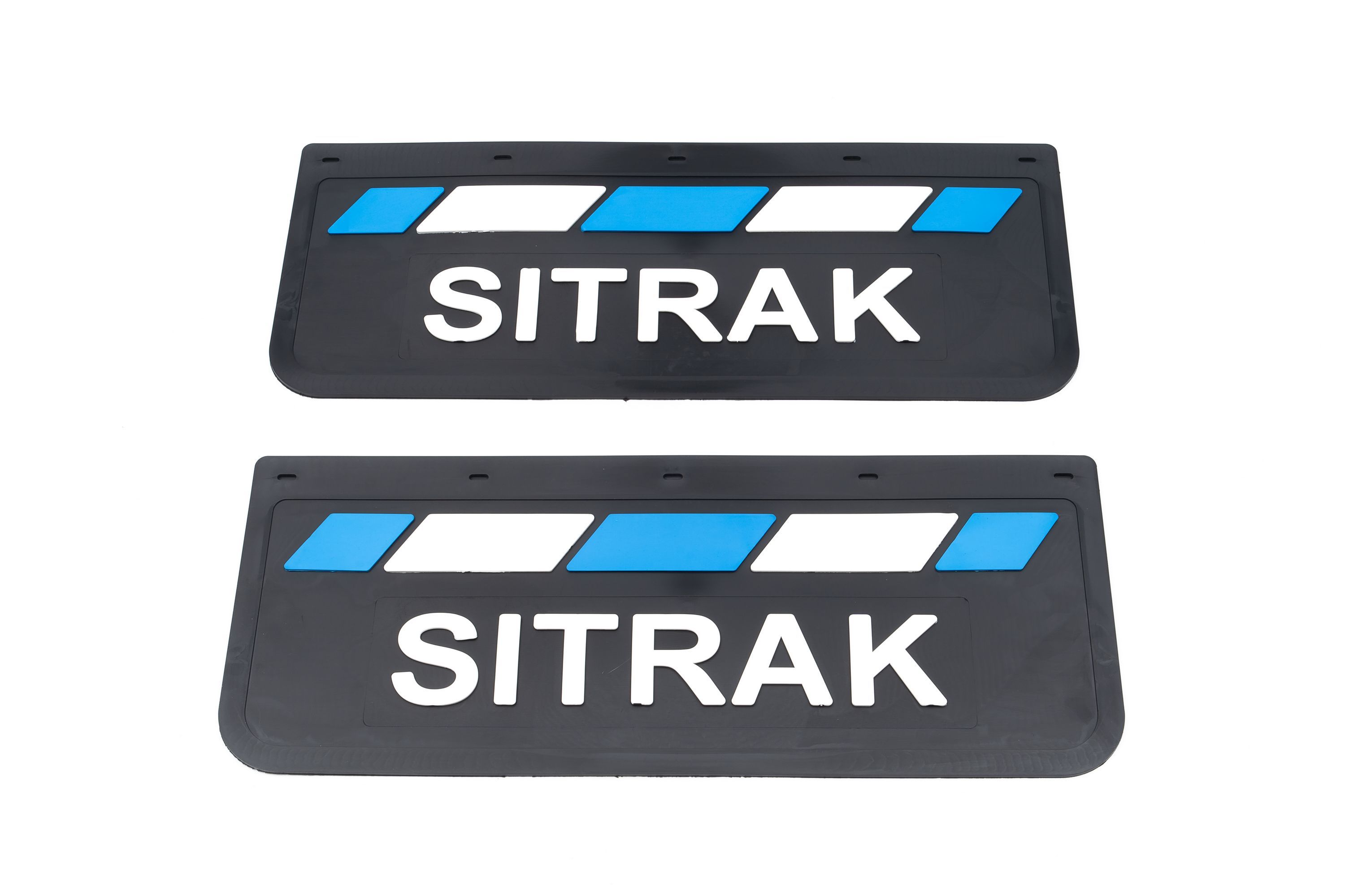 

Комплект брызговиков SITRAK 670*270 черная резина LUX PRO с белой надписью и сине-бе