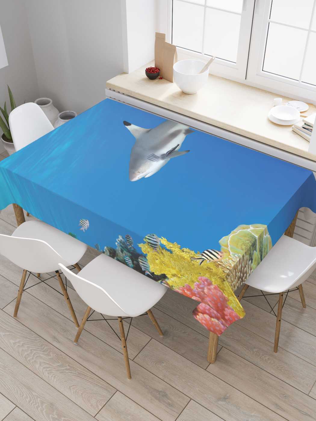 

Скатерть прямоугольная JoyArty "Акула в океане" из оксфорда, 180x145 см, Синий, Акула в океане