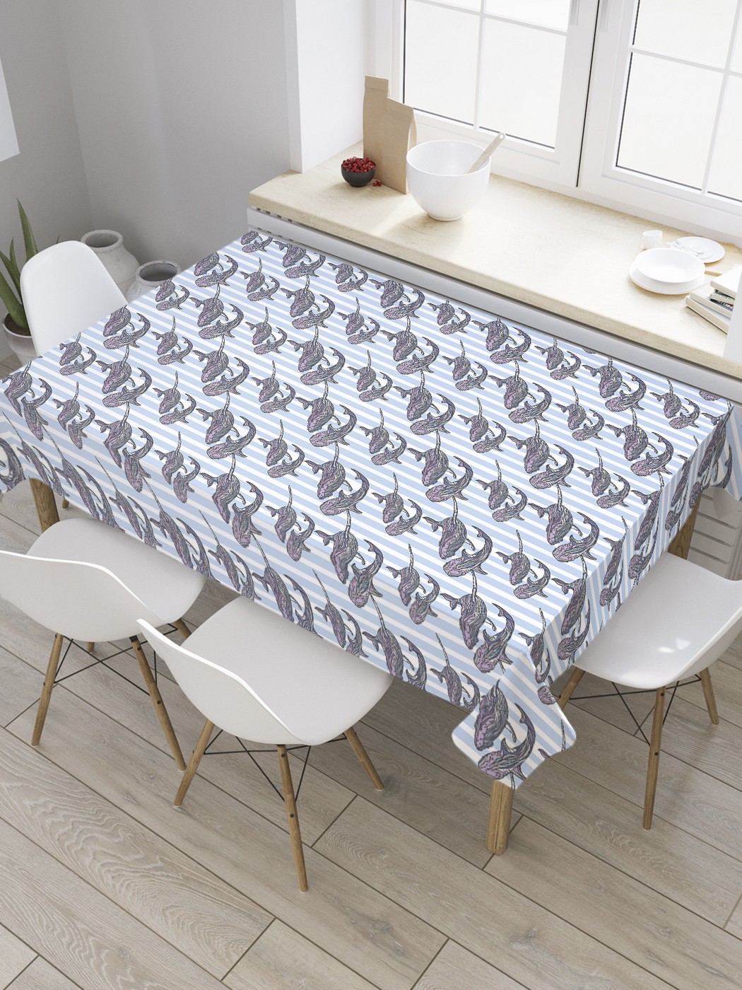 

Скатерть прямоугольная JoyArty "Кашалоты на полосках" из сатена, 180x145 см, Голубой, Кашалоты на полосках