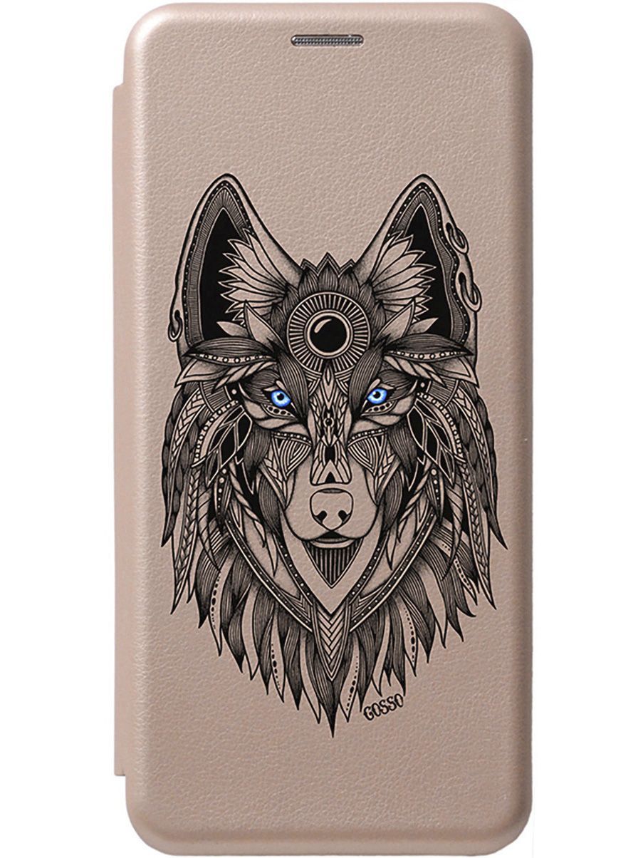 Чехол-книжка на Honor 9A с 3D принтом "Grand Wolf" золотой 0 золотистый,  голубой