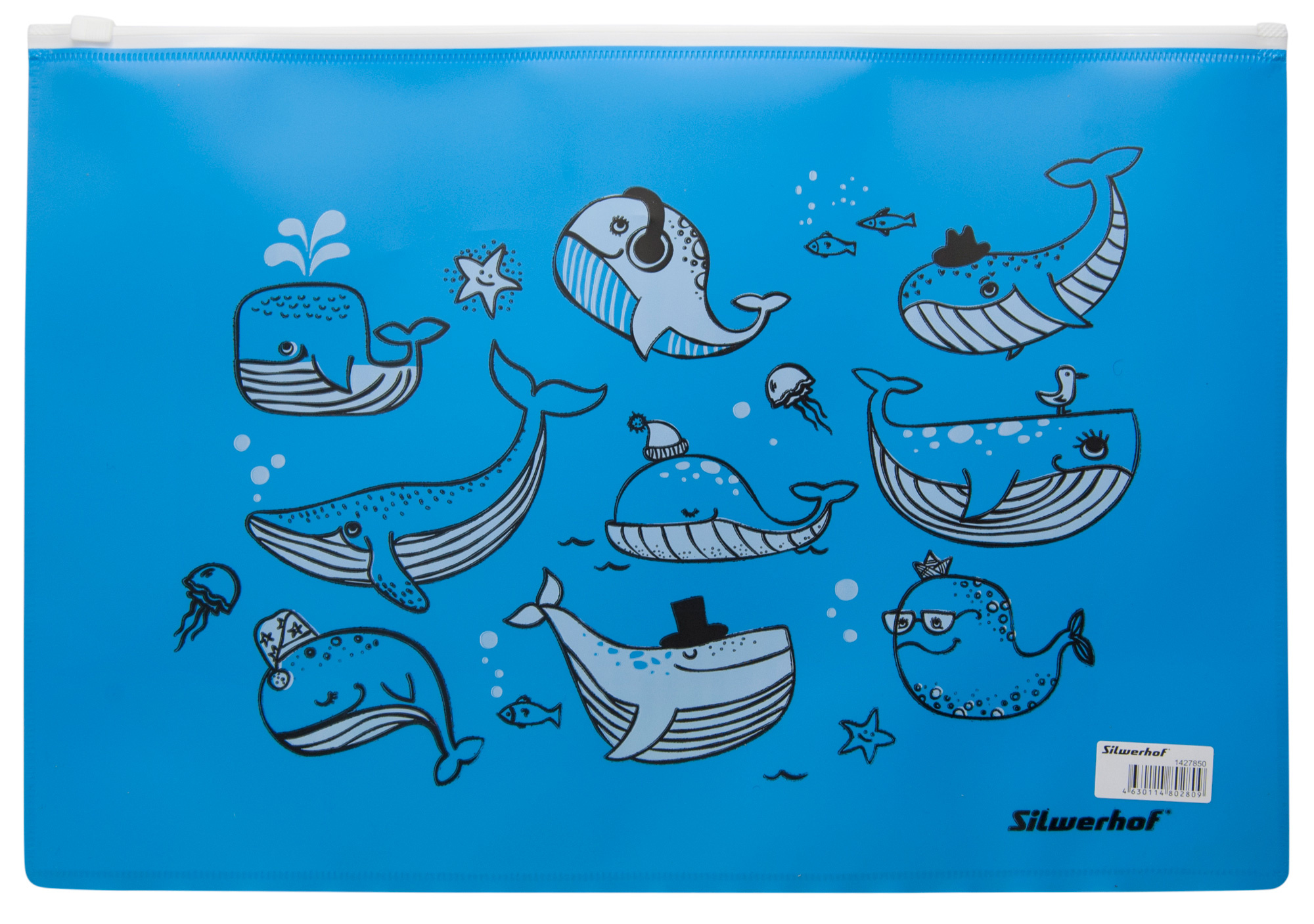 

Папка на молнии ZIP Silwerhof Whales 255197 A4 пластик синий цвет молнии белый