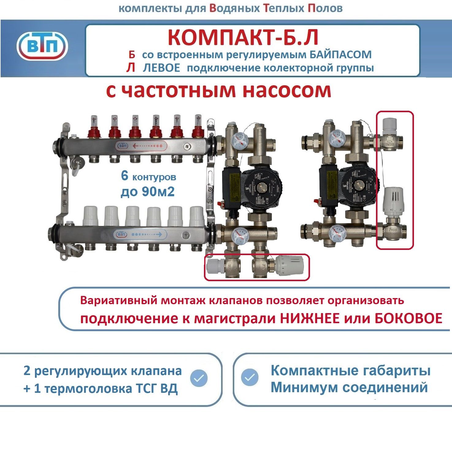 Коллекторы теплого пола ВТП КОМПАКТ-Б.Л (с байпасом) 6 контуров слева, НСУ +частотн насос